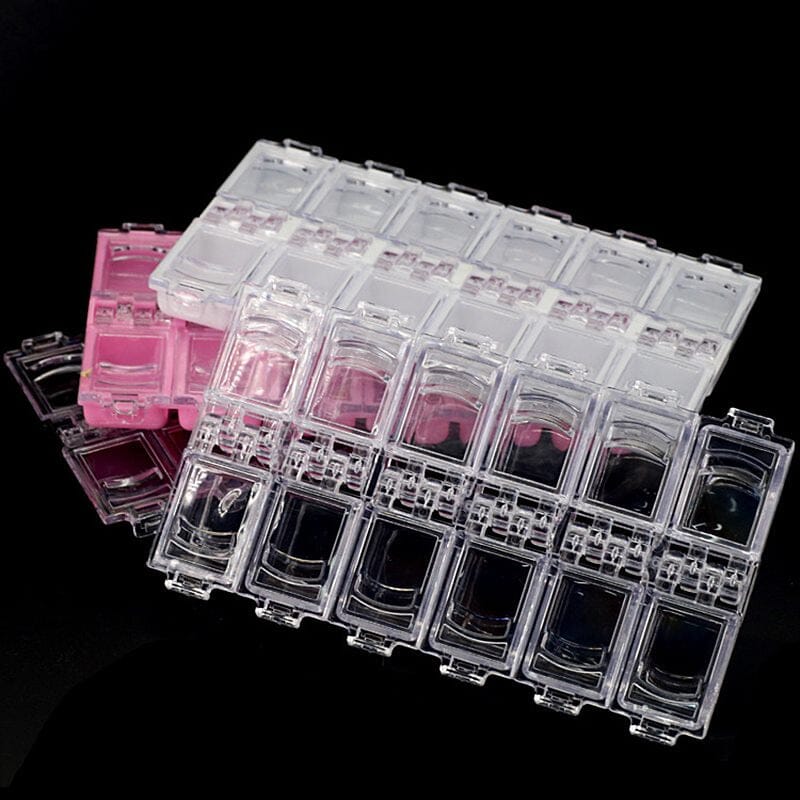 NSI Australia 12-Grid Nail Art Storage Trays—stacked organizer boxes with clear flip lids; pink, white and clear options