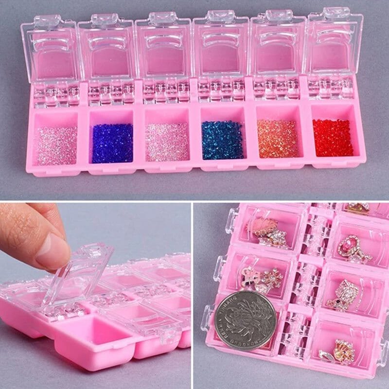 NSI Australia 12-Grid Nail Art Storage Tray—pink organizer with clear flip lids, holds glitter, rhinestones and charms