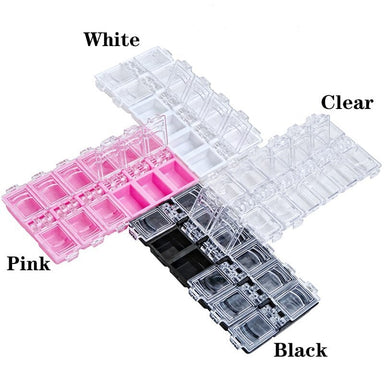 NSI Australia 12-Grid Nail Art Storage Tray—clear-lid organizer; available in pink, white, clear, and black