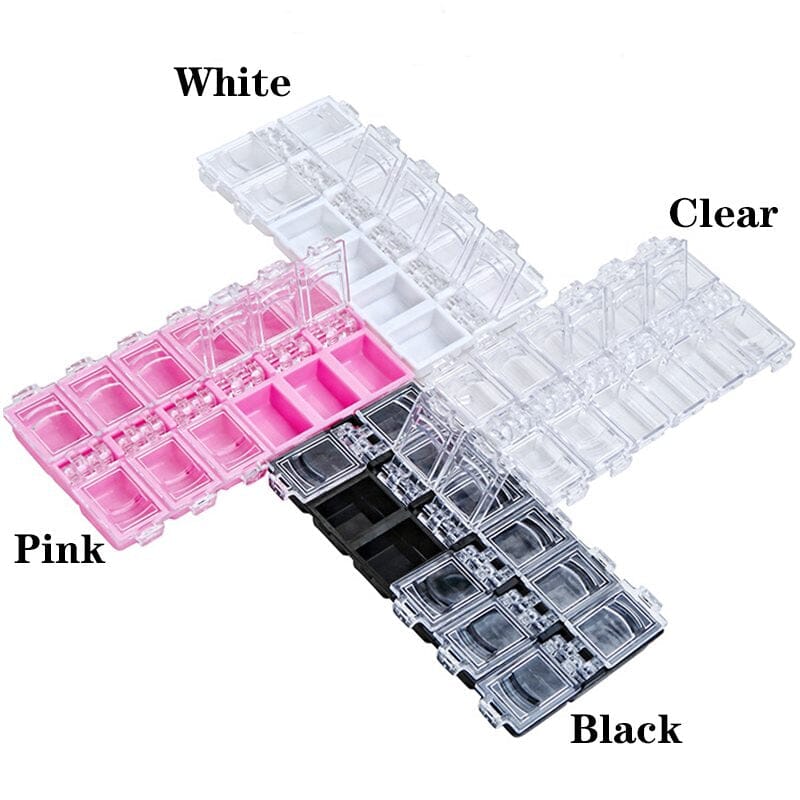 NSI Australia 12-Grid Nail Art Storage Tray—clear-lid organizer; available in pink, white, clear, and black