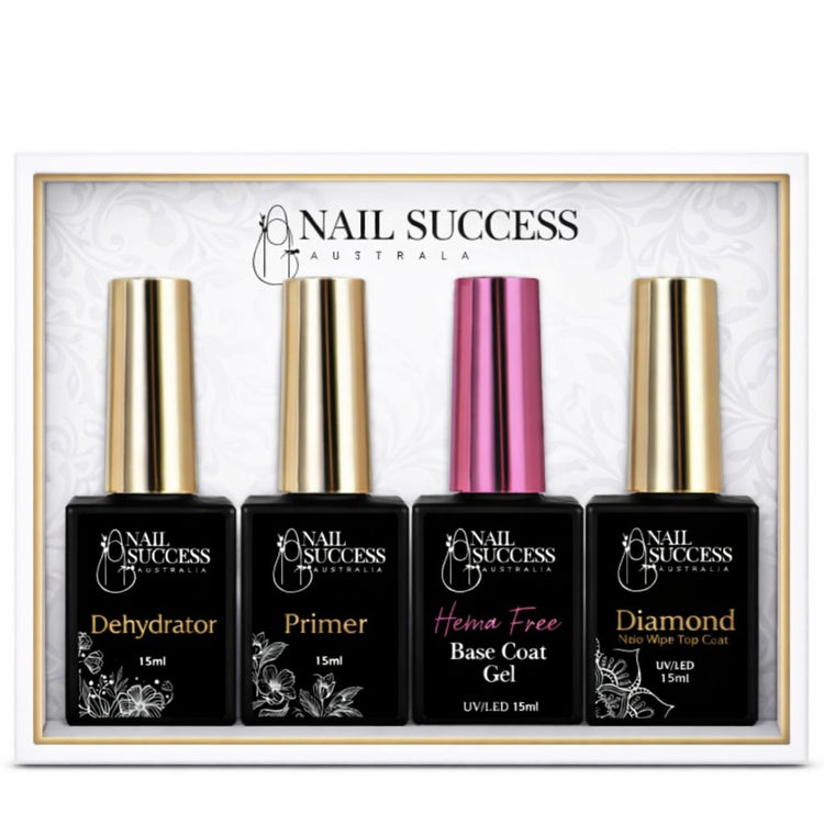 Nail Success Australia Essential Kit — Dehydrator, Primer, HEMA-free Base Coat Gel and Diamond no-wipe Top Coat (15ml)