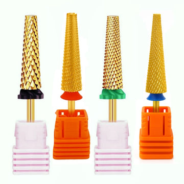 Extra-long cone tungsten carbide nail drill bits—gold e-file bits for acrylic/gel removal and shaping, assorted grits (set of 4)