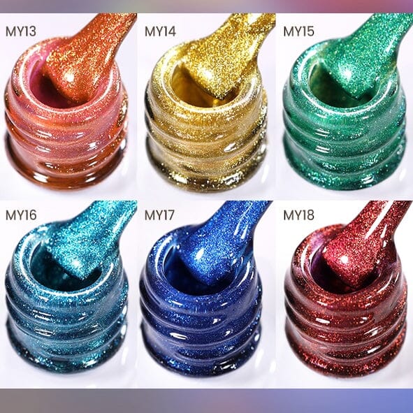 NSI Australia Born Pretty “Fantasy Island” cat eye magnetic gel polish swatches – MY13–MY18 coral, gold, green, teal, blue and red glitter gels in jars