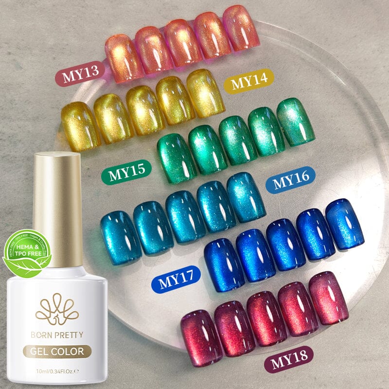 NSI Australia Born Pretty “Fantasy Island” cat eye magnetic gel polish – MY13–MY18 swatch set (coral, gold, green, teal, blue, red), HEMA & TPO free, 10ml bottle