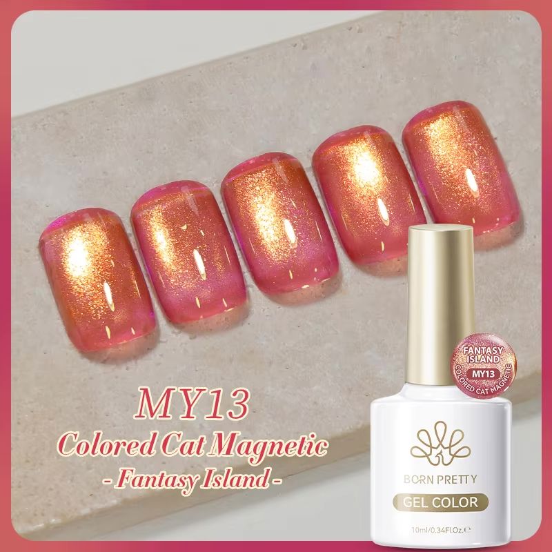 NSI Australia Born Pretty Gel Color MY13 “Fantasy Island” – rosy coral cat eye magnetic gel polish with golden shimmer swatch, 10ml bottle