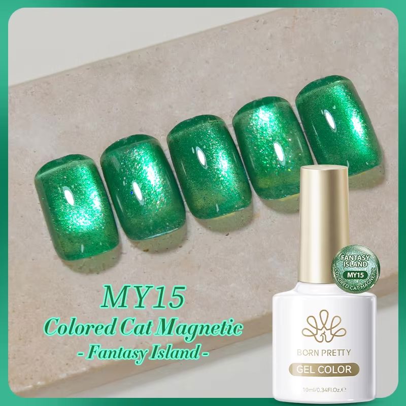 NSI Australia Born Pretty Gel Color MY15 “Fantasy Island” – green cat eye magnetic gel polish, shimmering emerald swatch, 10ml bottle