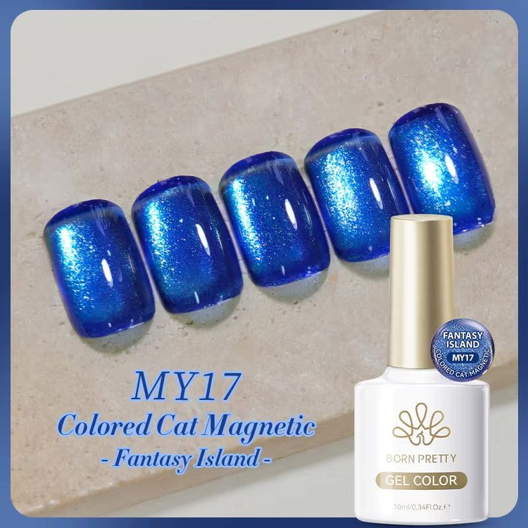 NSI Australia Born Pretty Gel Color MY17 “Fantasy Island” – blue cat eye magnetic gel polish, shimmering sapphire swatch, 10ml bottle