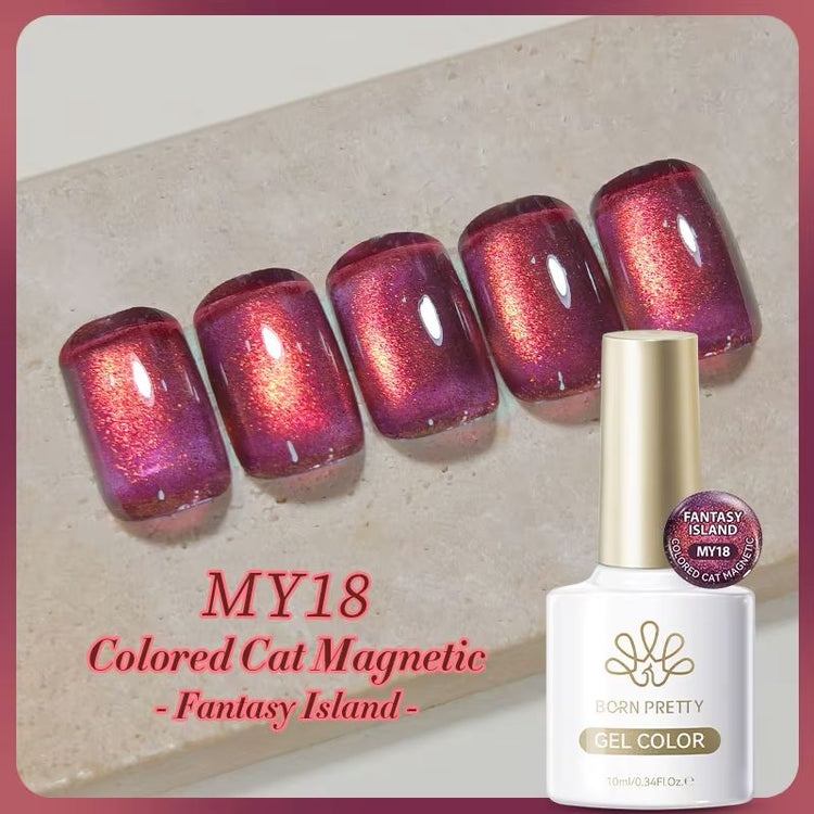 Born Pretty MY18 Fantasy Island cat eye magnetic gel polish, red magenta shimmer swatch and bottle