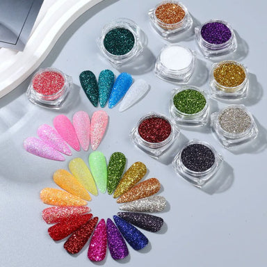 Fine glitter nail art jars with matching glitter nail swatches in a rainbow fan