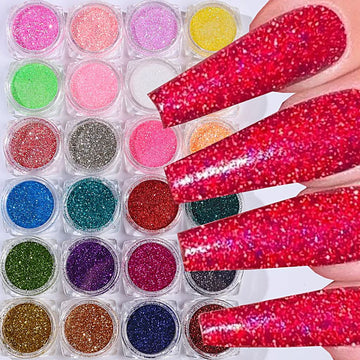 24 jars of fine glitter nail art in assorted colours beside glittery red nails