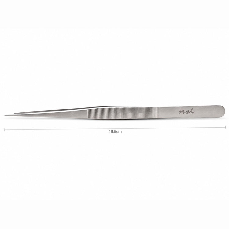Fine point stainless steel tweezer 16.5cm long nail tool with measurement guide for precise salon manicure and nail art application