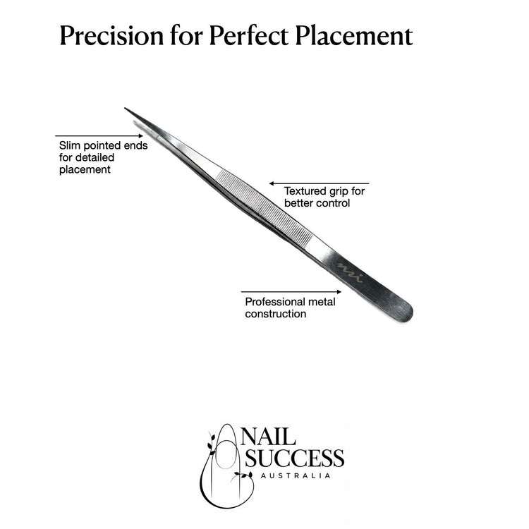 Fine point stainless steel tweezer with slim pointed ends and textured grip for precise nail art placement