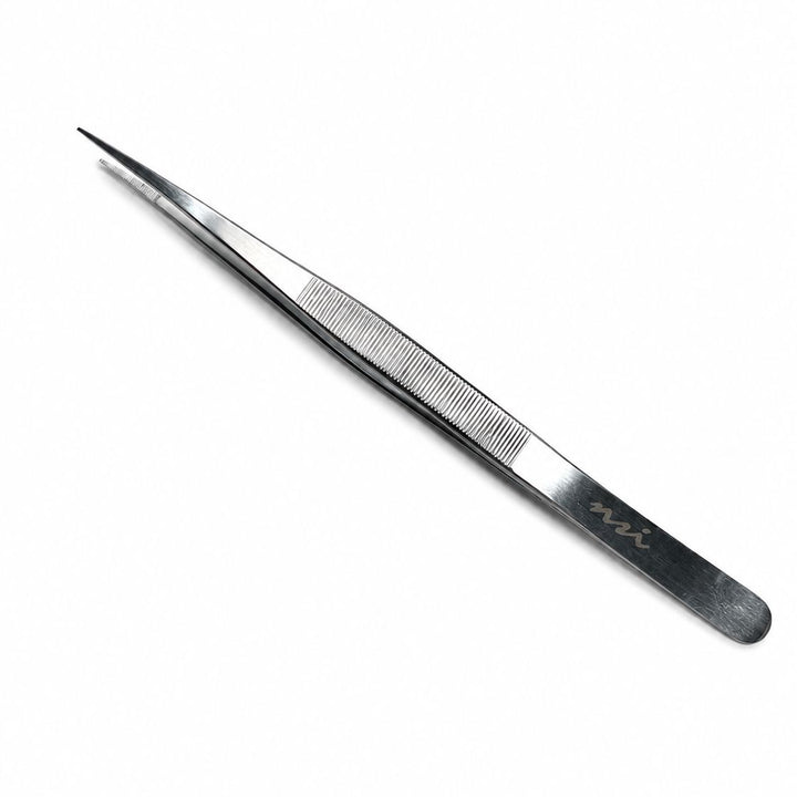 Fine point stainless steel tweezer 16.5cm long nail tool with textured grip and precision tip for salon manicure and nail art application