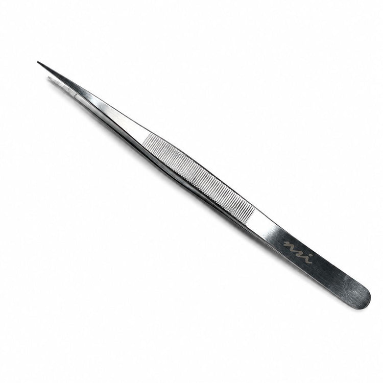 Fine point stainless steel tweezer 16.5cm long nail tool with textured grip and precision tip for salon manicure and nail art application