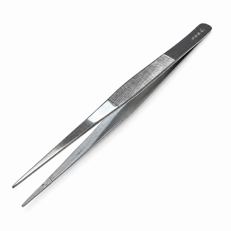 Fine point stainless steel tweezer 16.5cm long nail tool with precision tip and textured grip for salon manicure and nail art application
