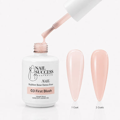 First Blush Rubber Base Gel - open bottle with brush and swatches