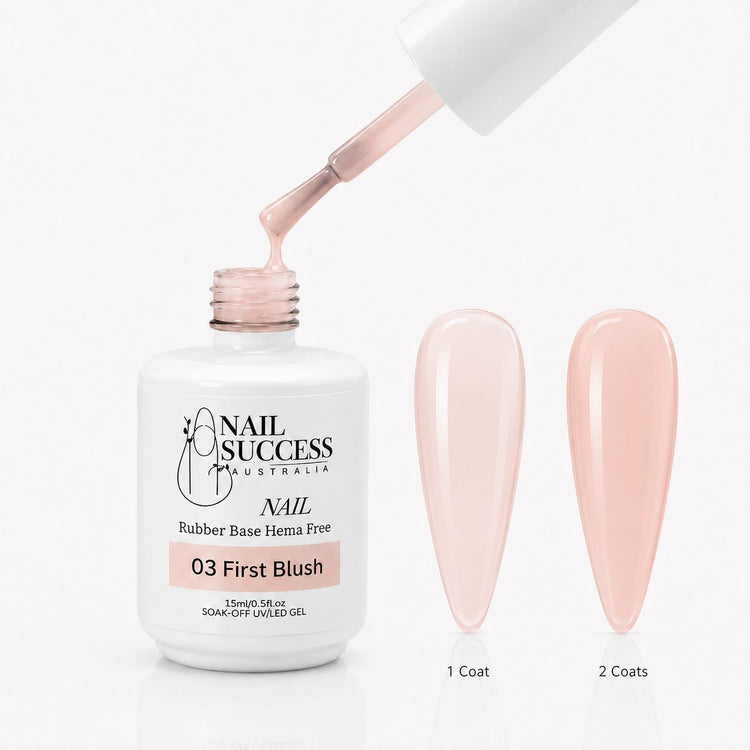 First Blush Rubber Base Gel - open bottle with brush and swatches