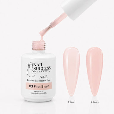 First Blush Rubber Base Gel - open bottle with brush and swatches