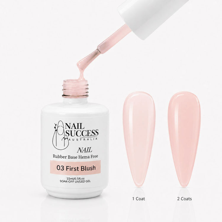 First Blush Rubber Base Gel - open bottle with brush and swatches