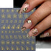 Gold flower petal nail art sticker sheet (SWA180) with nude manicure sample featuring metallic floral outline decals