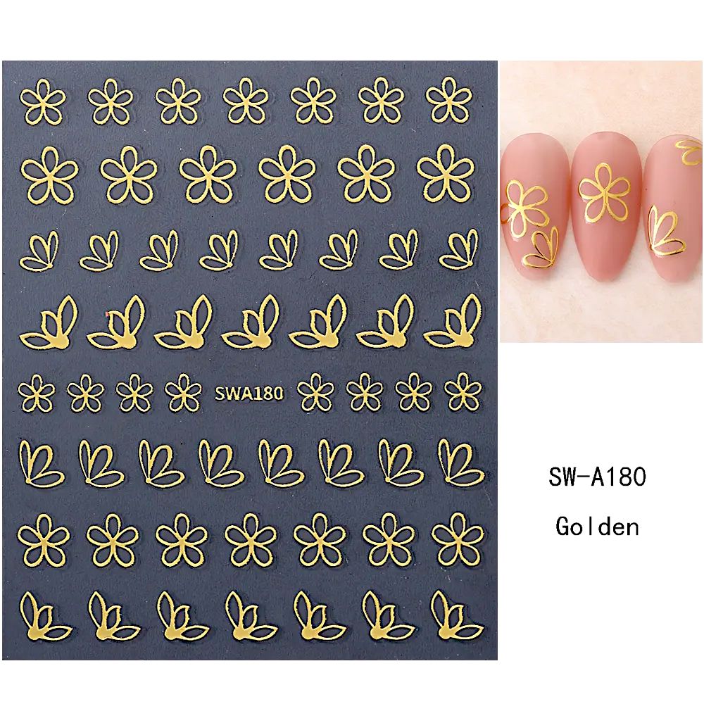 SW-A180 Golden flower petal nail art sticker sheet with metallic gold floral outline decals and sample nude nails