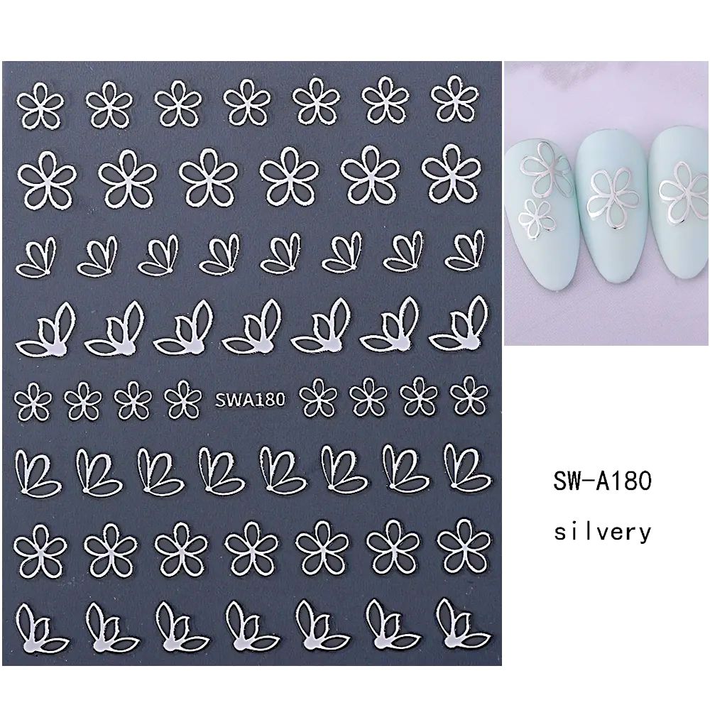 Silver flower outline nail art stickers (SWA180) with floral petal decals and manicure example