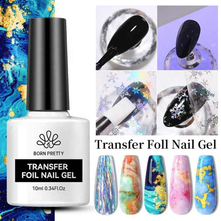 Born Pretty Transfer Foil Nail Gel bottle with swatches of marble and holographic foil nail tips