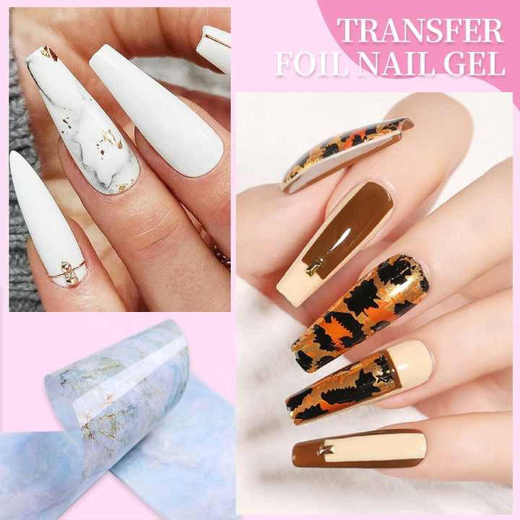 Coffin nails with white marble foil and brown leopard print foil, made with transfer foil nail gel