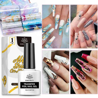 Born Pretty Transfer Foil Nail Gel with nail art examples in marble, holographic and floral foils