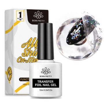 Born Pretty Transfer Foil Nail Gel 10ml bottle and box, with a black nail finished in snowflake foil