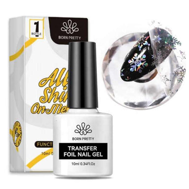 Born Pretty Transfer Foil Nail Gel 10ml bottle and box, with a black nail finished in snowflake foil