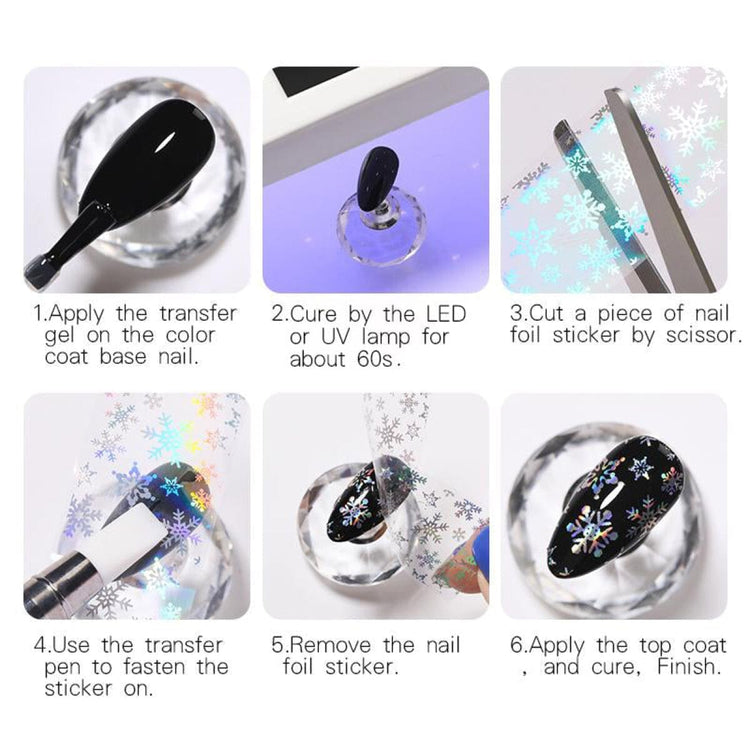 Six step guide to Born Pretty transfer foil gel, apply, cure, cut the foil, press, peel and top coat