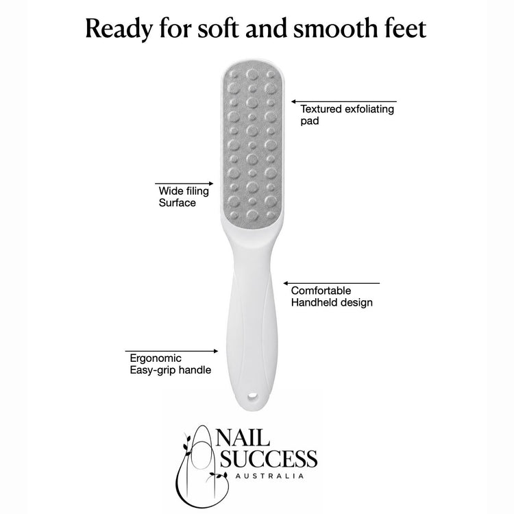 Nail Success Australia white foot file with textured exfoliating pad, wide filing surface and ergonomic easy-grip handle