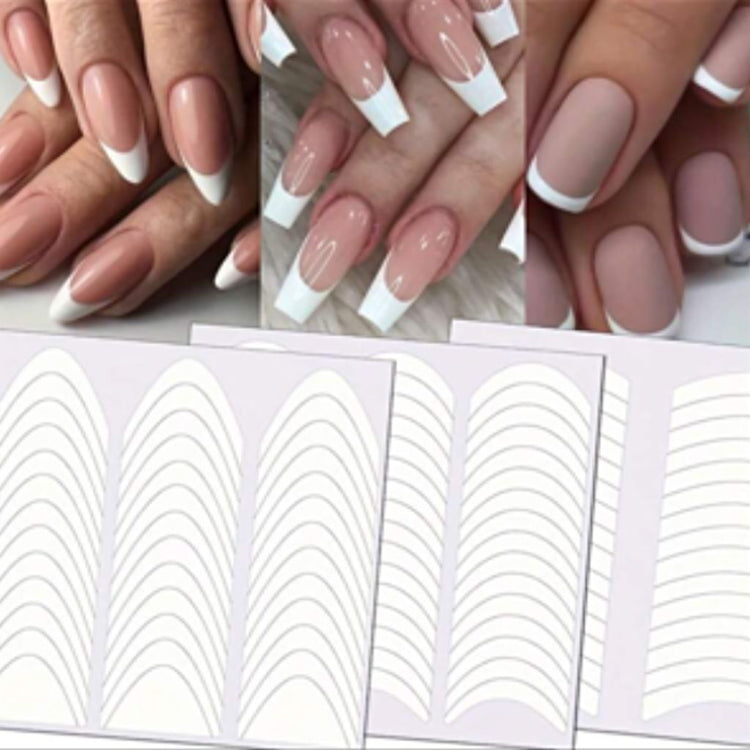 French tip nail guide stickers shown with manicure example photos of nude nails with white French tips in almond, square and rounded styles
