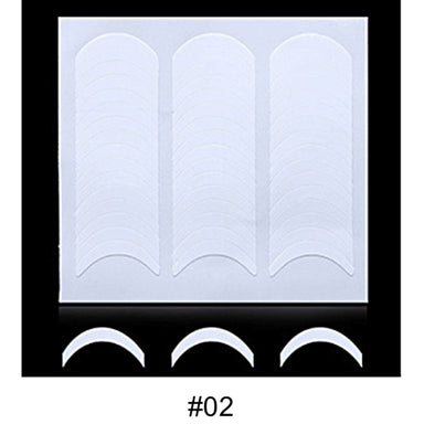 French tip nail guide stickers sheet with three columns of curved white guide strips and three sample strips below on a black background, labeled #02