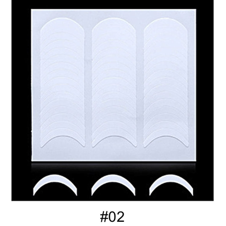 French tip nail guide stickers sheet with three columns of curved white guide strips and three sample strips below on a black background, labeled #02