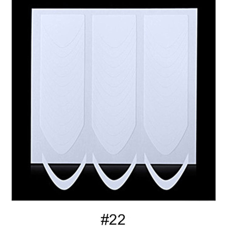 French tip nail guide stickers sheet with three columns of pointed deep smile line white guide strips and three sample strips below on a black background, labeled #22