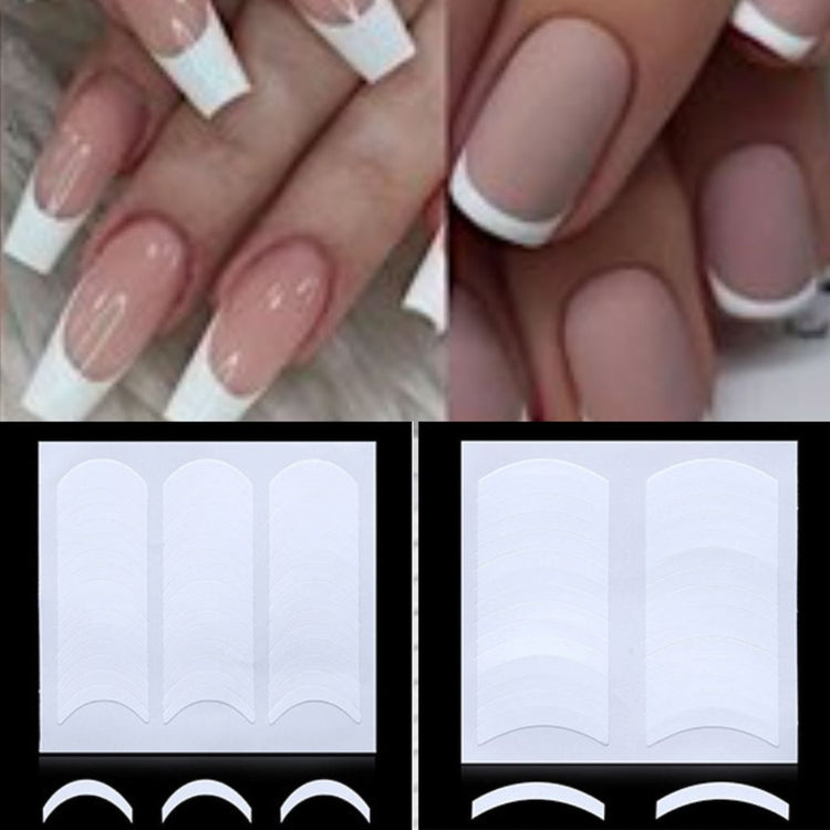 French smile line guide stickers for classic and wide French tip manicures with white nail tip design samples