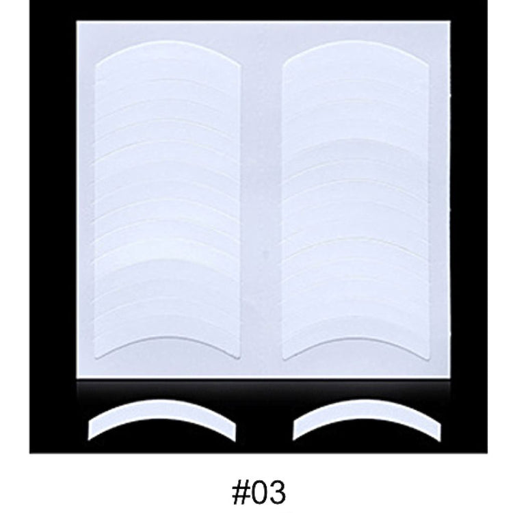 French tip nail guide stickers sheet with two columns of curved white nail tip guides and two sample strips on a black background, labeled #03