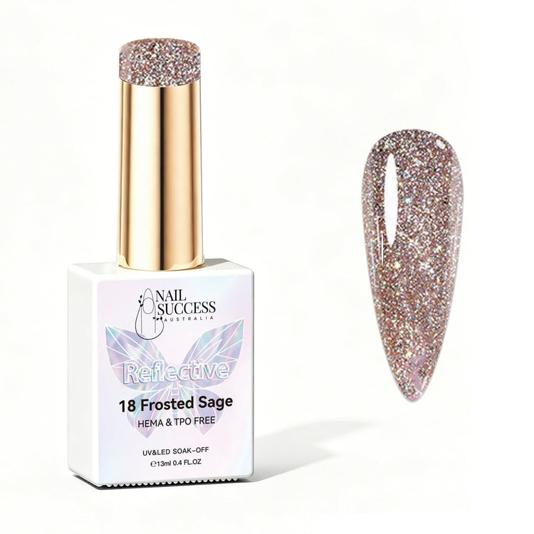 Nail Success Australia Frosted Sage reflective glitter gel polish bottle with glossy nail colour swatch