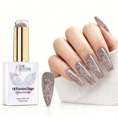 Frosted Sage reflective gel polish with champagne silver glitter swatch and matching manicure for HEMA and TPO free salon nails