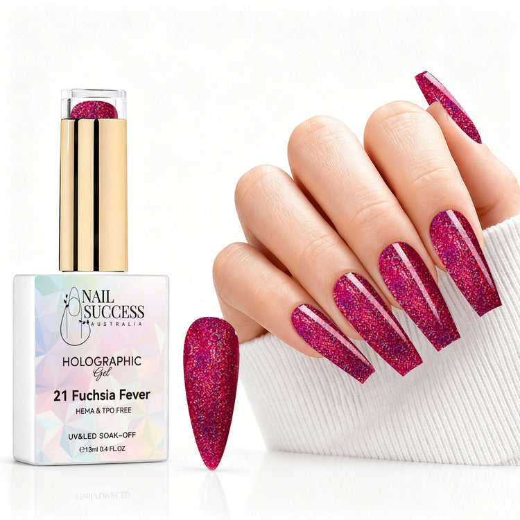 Fuchsia Fever holographic gel polish with bright pink glitter swatch and matching manicure for HEMA and TPO free salon nails