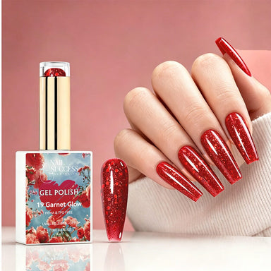 NSI Australia Garnet Glow red glitter gel polish with glossy sparkling manicure and swatch, shade 19