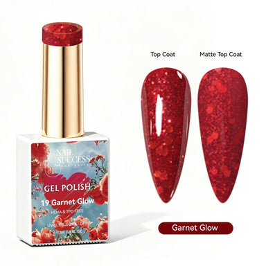 Nail Success Australia Garnet Glow red glitter gel polish with glossy and matte nail colour swatches