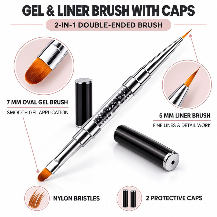 Double-ended gel and liner brush with 7 mm oval and 5 mm liner tips, black crystal-filled handle and two protective caps.
