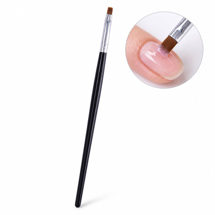 Size 6 gel nail brush with black handle, silver ferrule and flat brown bristles, shown applying pink gel to a natural nail.
