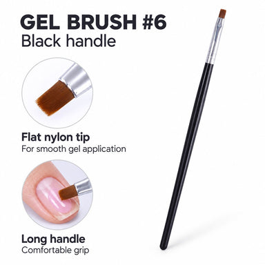 Size 6 gel nail brush with long black handle, silver ferrule and flat nylon bristles, shown applying pink gel to a natural nail.
