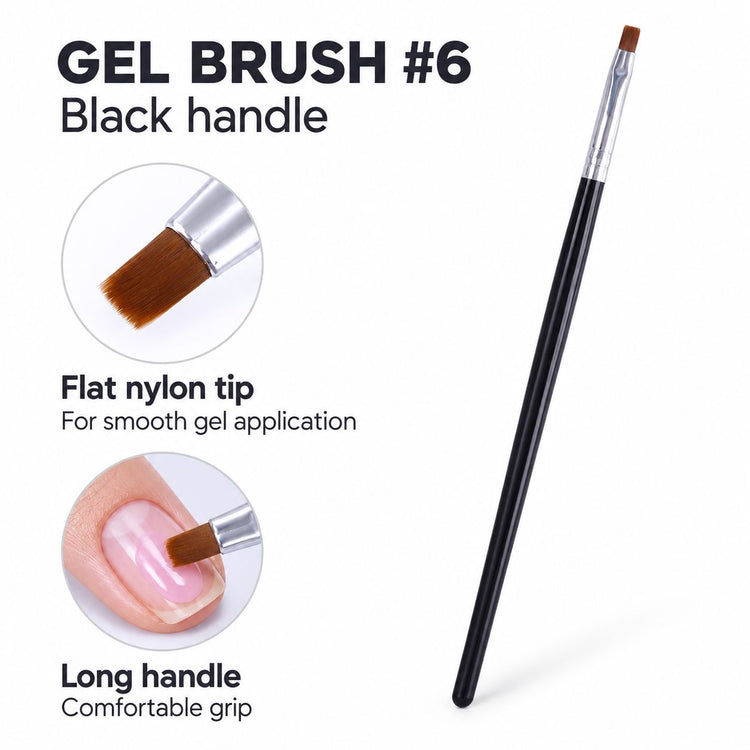 Size 6 gel nail brush with long black handle, silver ferrule and flat nylon bristles, shown applying pink gel to a natural nail.
