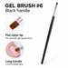 Size 6 gel nail brush with long black handle, silver ferrule and flat nylon bristles, shown applying pink gel to a natural nail.
