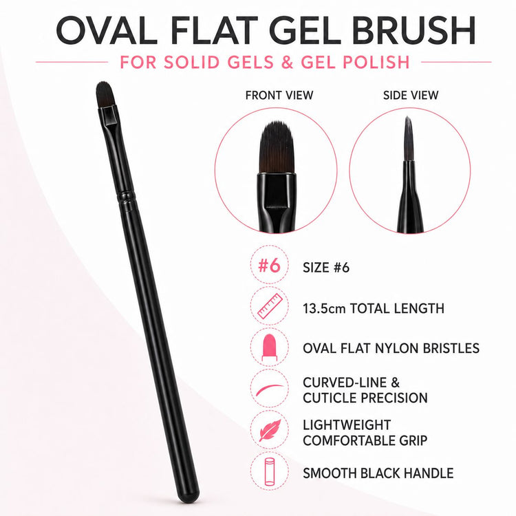 Size 6 black gel brush for solid gels and gel polish, with oval flat nylon bristles and 13.5 cm total length.
